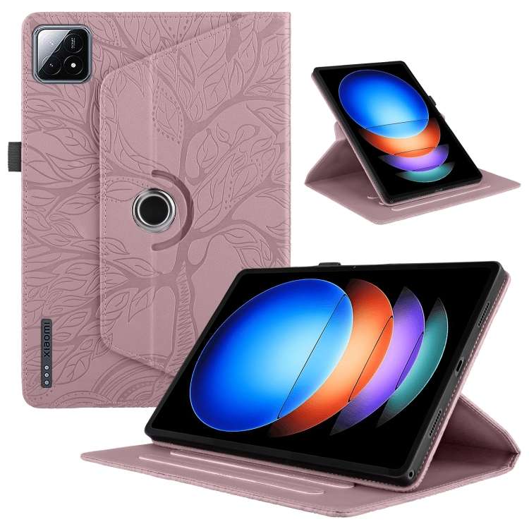 For Xiaomi Pad 6S Pro Tree Life Embossed Rotation Leather Smart Tablet Case(Rose Gold)