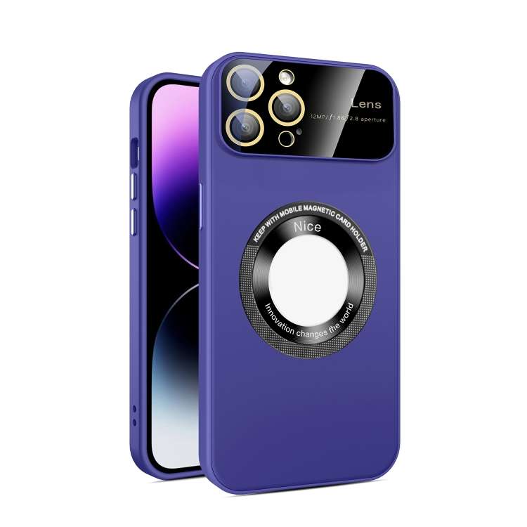 For iPhone 12 Pro Large Glass Window Magnetic Magsafe Phone Case with Lens Film(Dark Purple)