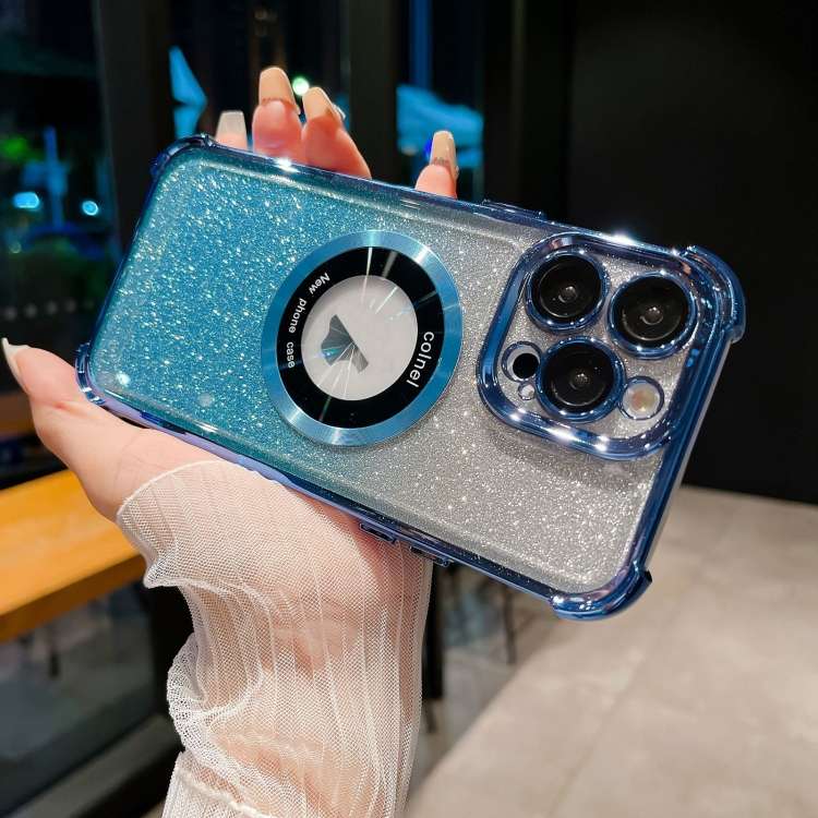 For iPhone 14 Pro Max 6D Electroplating Gradient Glitter Armor Magsafe Phone Case(Blue)