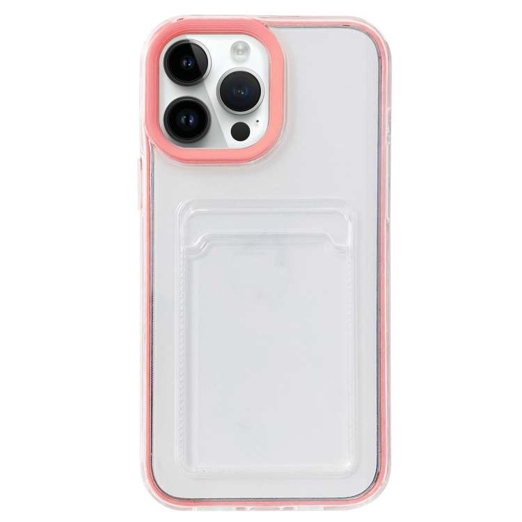 For iPhone 14 Pro Max 360 Clear PC Hybrid  TPU Phone Case with Card Slot(Pink)