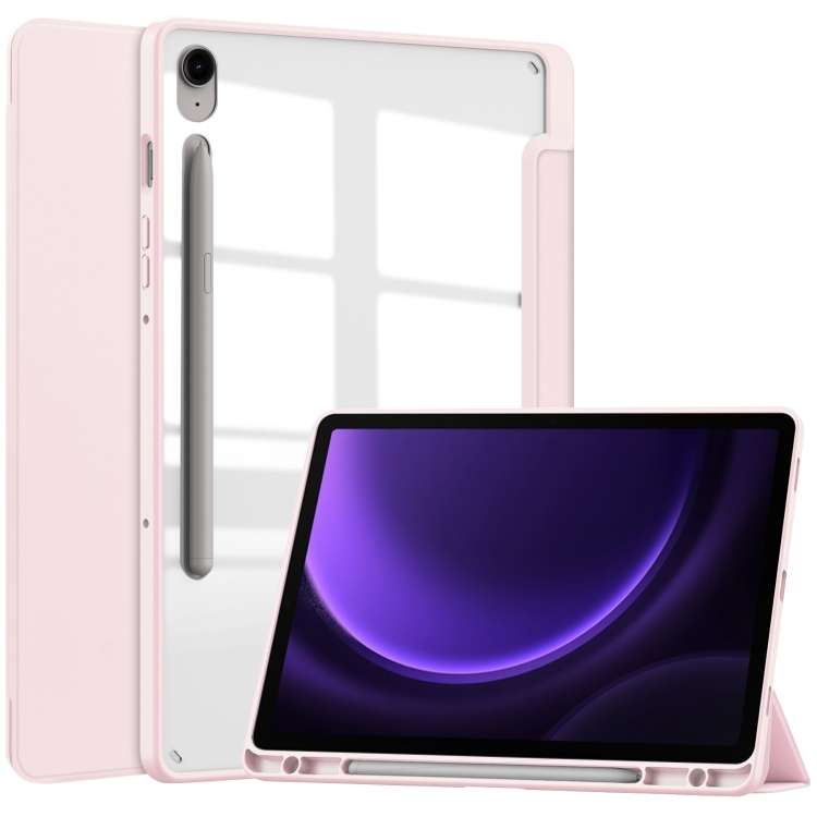For Samsung Galaxy Tab S9 FE Acrylic 3-folding Smart Leather Tablet Case with Pen Slot(Pink)