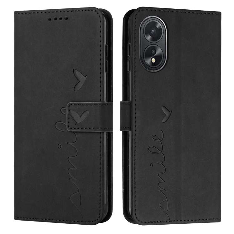 For OPPO A38 / Oppo A18 Skin Feel Heart Embossed Leather Phone Case with Long Lanyard(Black)