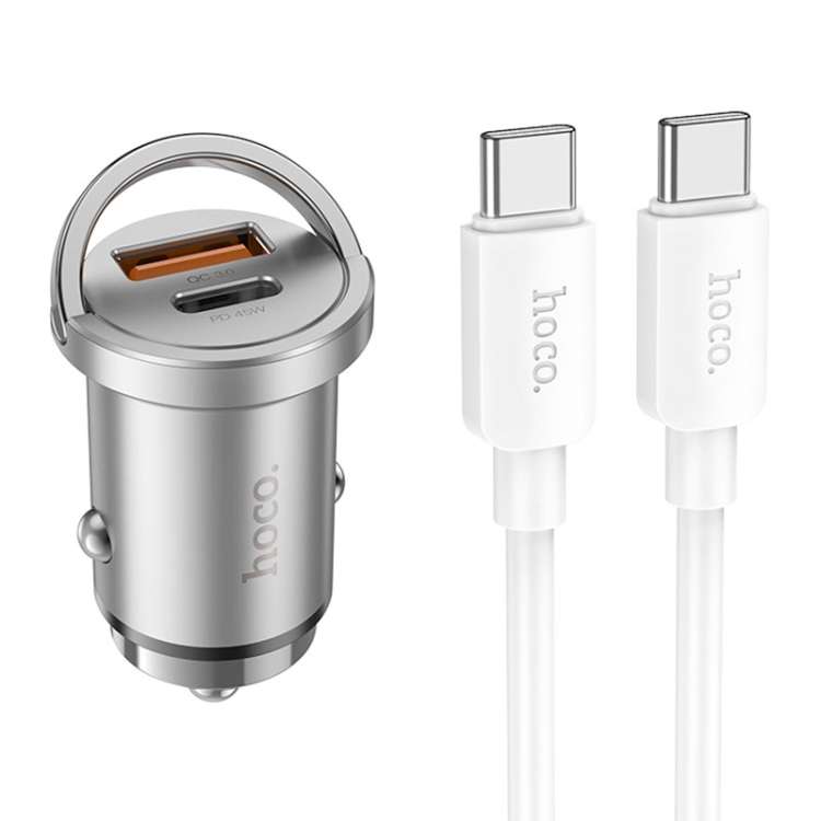 hoco NZ10 Handy PD45W + QC3.0 Car Fast Charging Charger with Type-C to Type-C Cable(Silver)