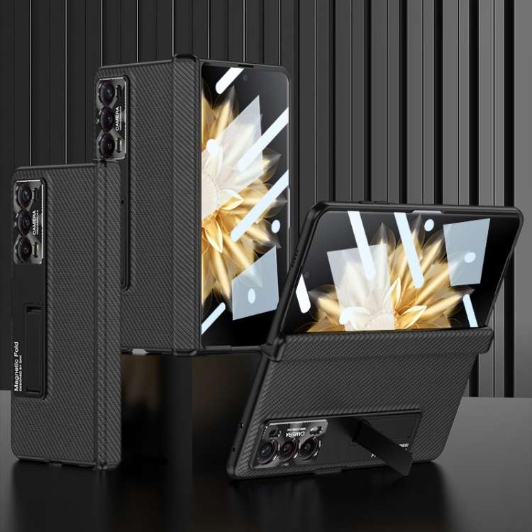For Honor Magic V2 GKK Integrated Magnetic Hinge Flip Leather Phone Case with Holder(Carbon Fibre)