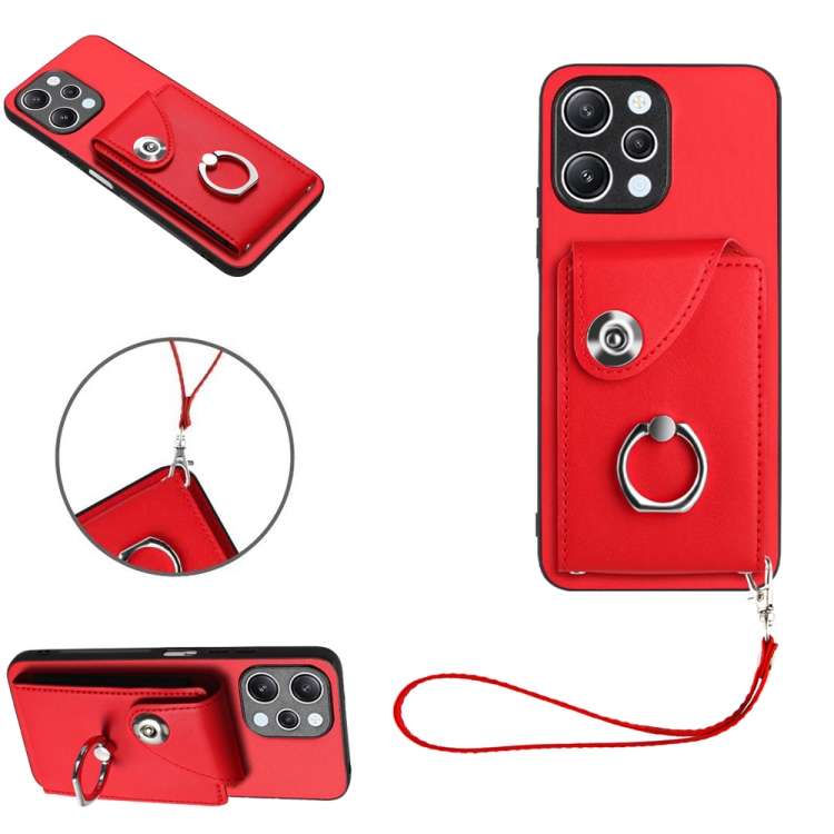 For Xiaomi Redmi 12 4G Global Organ Card Bag Ring Holder PU Phone Case with Lanyard(Red)