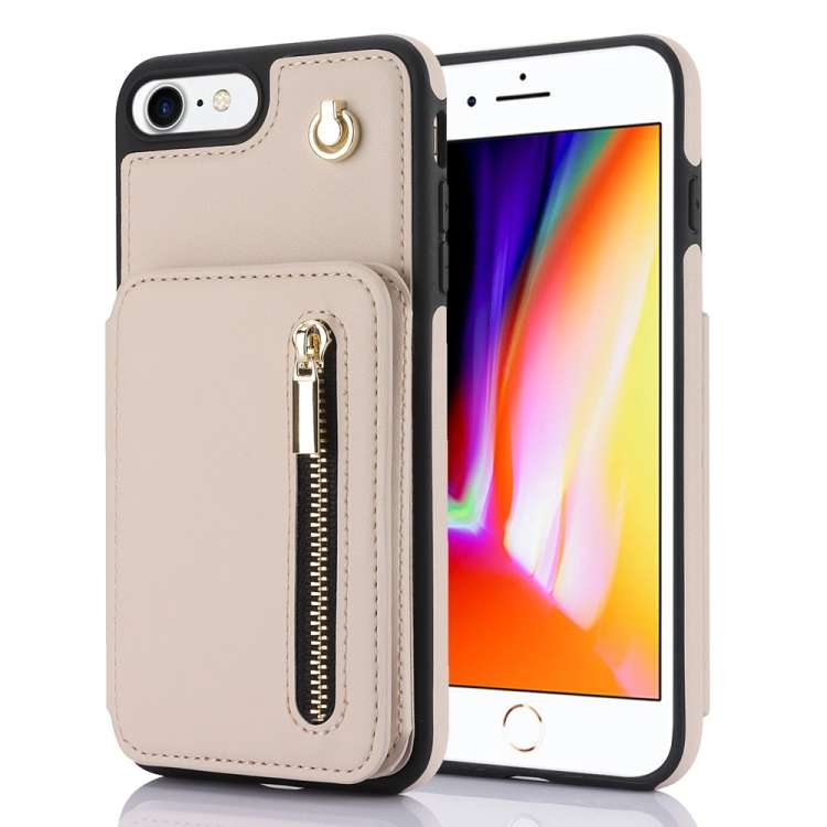 For iPhone SE 2020 / 2020 / 8 / 7 YM006 Skin Feel Zipper Card Bag Phone Case with Dual Lanyard(Apri