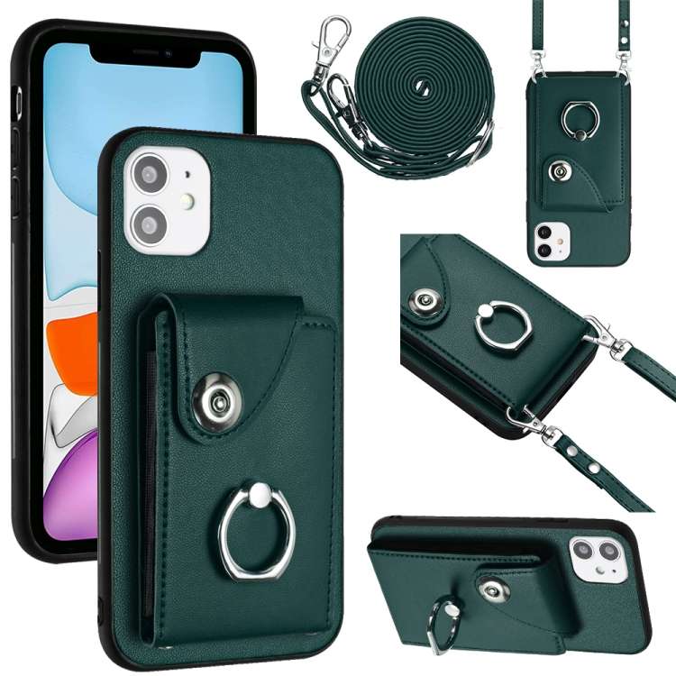 For iPhone 12 mini Organ Card Bag Ring Holder Phone Case with Long Lanyard(Green)