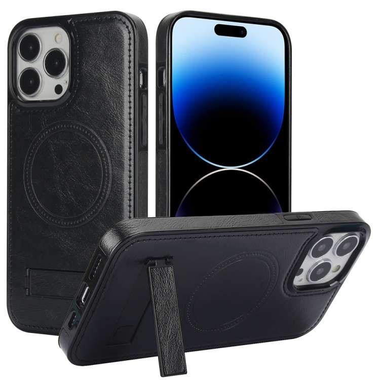 For iPhone 14 Pro Max Retro Leather Invisible Stand MagSafe Phone Case(Black)