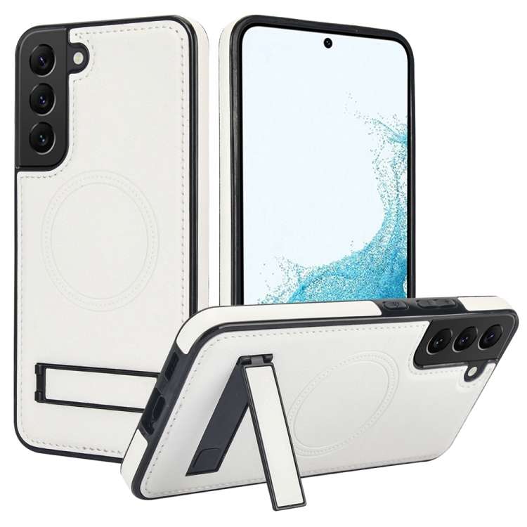 For Samsung Galaxy S22 5G Retro Leather Invisible Stand MagSafe Phone Case(White)