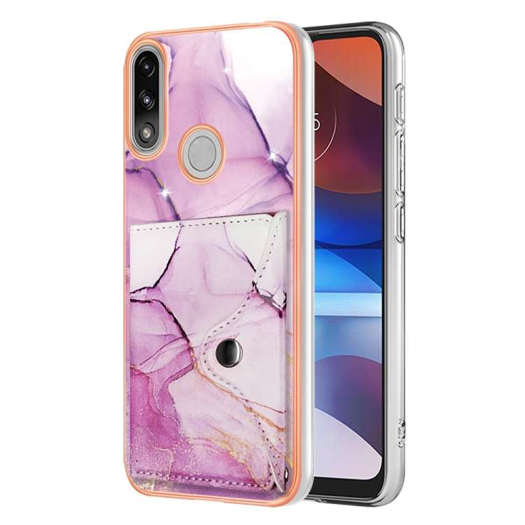 For Motorola Moto E7 Power / E7i Power Marble Pattern IMD Card Slot Phone Case(Pink Purple Gold)
