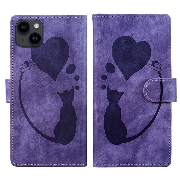 For iPhone 13 Pen Heart Cat Embossed Leather Phone Case(Purple)