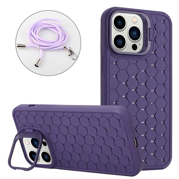 For iPhone 15 Pro Max Honeycomb Radiating Holder TPU Phone Case with Lanyard(Purple)