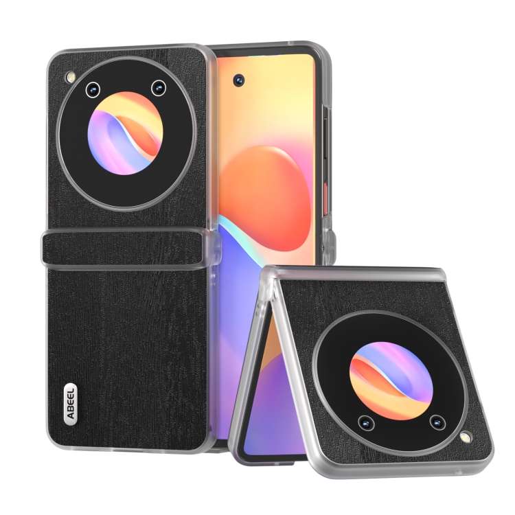 For ZTE nubia Flip ABEEL Three Parts Frosted Transparent Frame Hinge Wood Texture PU Phone Case(Blac