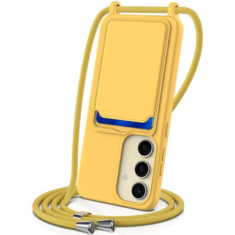 For Samsung Galaxy S24 5G Integrated Card Bag Solid Color Liquid Silicone Phone Case with Lanyard(Y