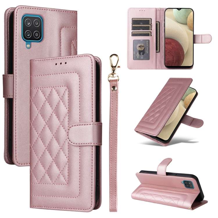 For Samsung Galaxy A12 / M12 Diamond Lattice Leather Flip Phone Case(Rose Gold)