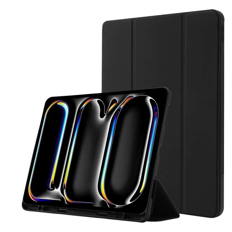 For iPad Pro 13 2024 Skin Feel Tri-fold Leather Tablet Case with Pen Slot(Black)