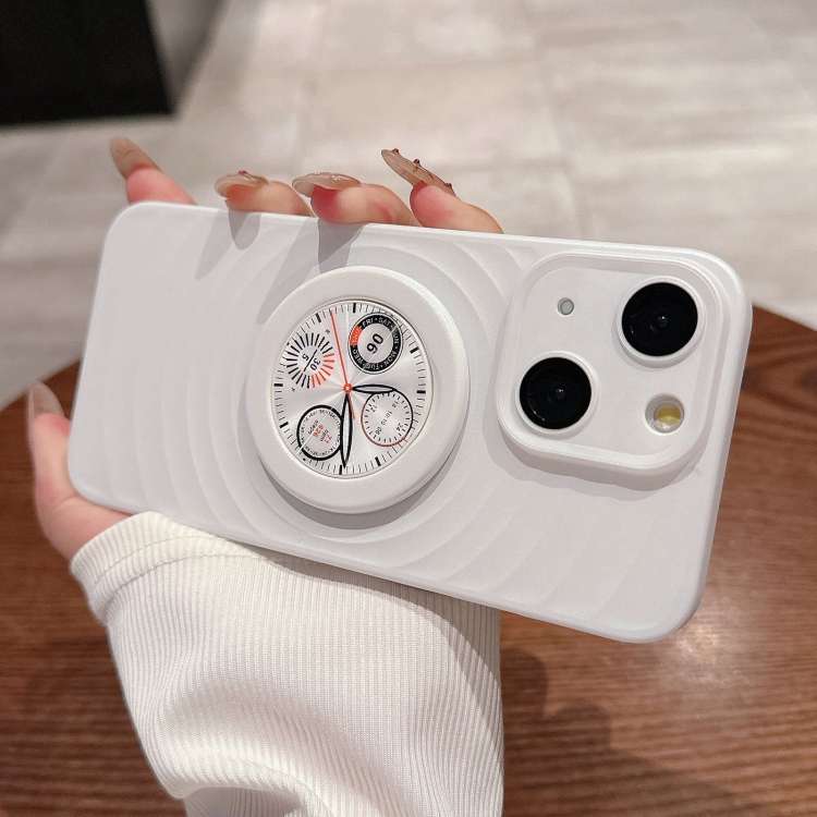 For iPhone 15 Wave Texture PC Shockproof Phone Case with Holder(White)
