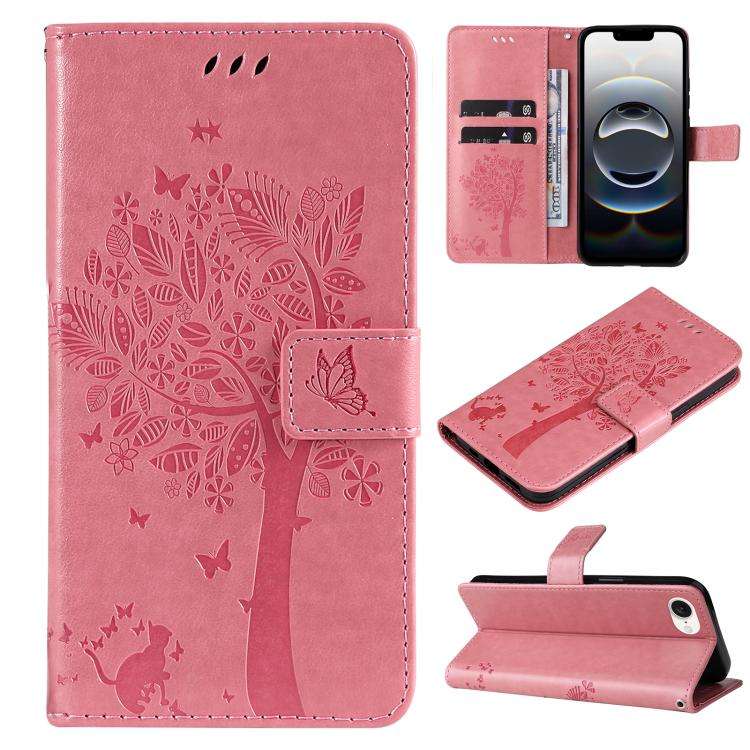 For iPhone SE 2024 Tree & Cat Embossed Pattern Flip Leather Phone Case(Pink)