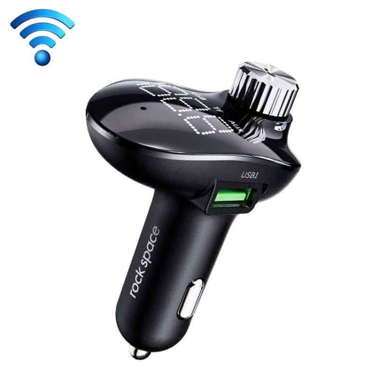 ROCK SPACE B302 18W QC3.0 Dual USB Digital Display Bluetooth Car Charger, Support 64GB U Disk & TF C