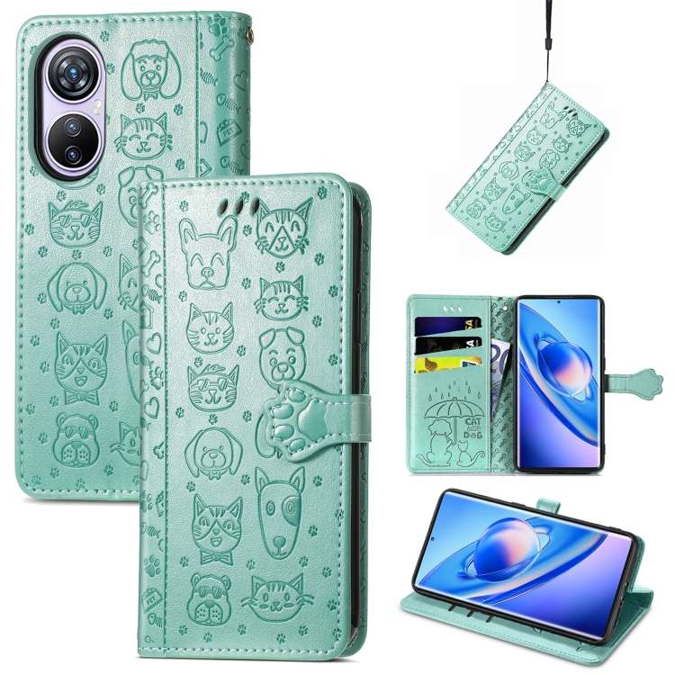 For Blackview A200 Pro Cat and Dog Embossed Leather Phone Case(Green)