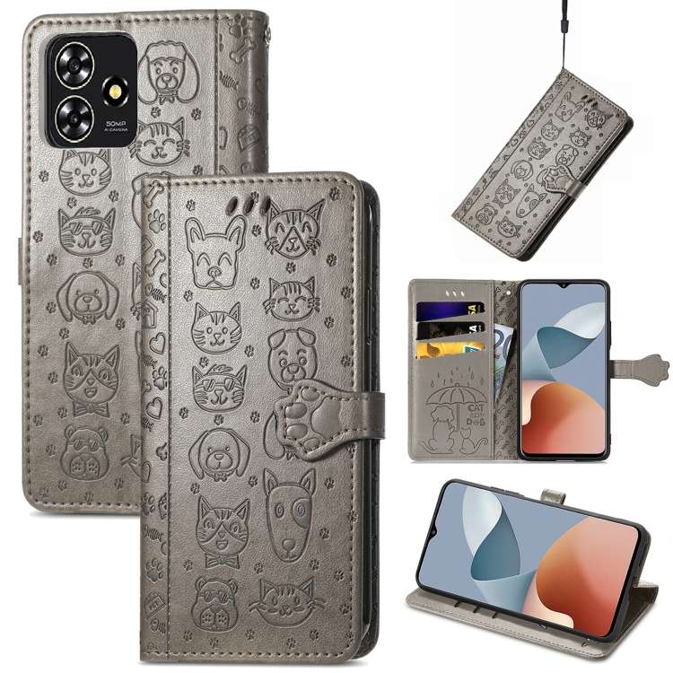 For ZTE Blade A73 4G Cat and Dog Embossed Leather Phone Case(Grey)