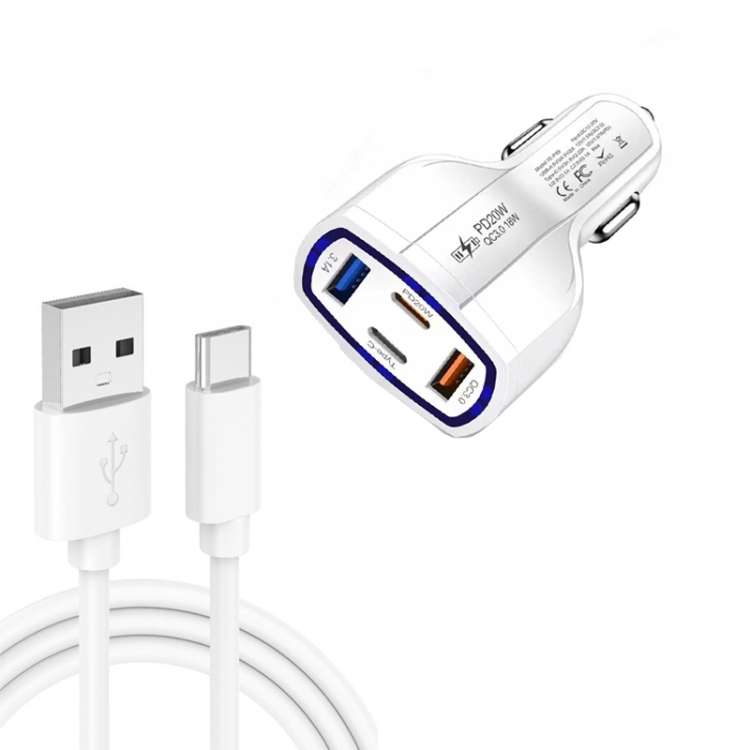 P49 53W PD20W Type-C + USB 4-port Car Charger with USB to Type-C Data Cable(White)