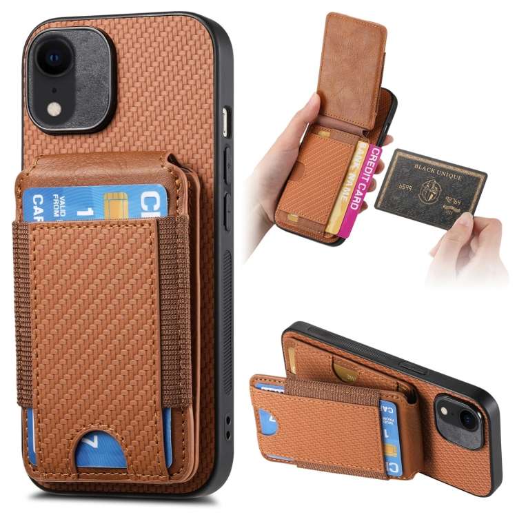 For iPhone XR Carbon Fiber Vertical Flip Wallet Stand Phone Case(Brown)