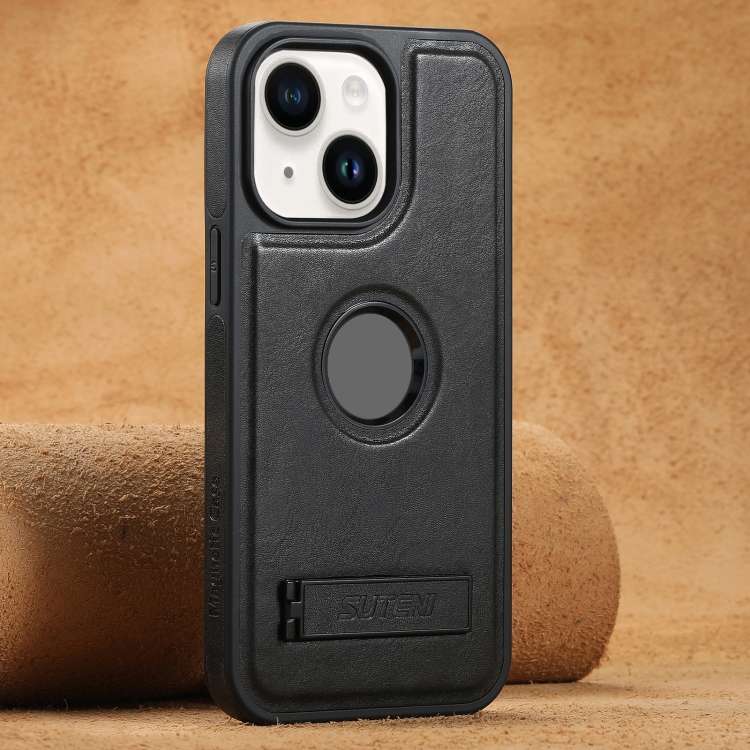 For iPhone 13 Suteni G2 Magsafe Oil Wax Leather Back Phone Case with Holder(Black)