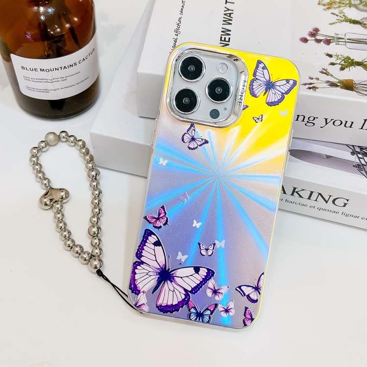 For iPhone 15 Pro Max Electroplating Laser Butterfly Phone Case with Wrist Strap(Purple Butterflies