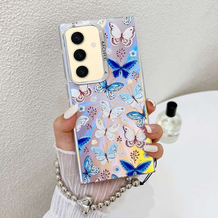 For Samsung Galaxy S24 5G Electroplating Laser Butterfly Phone Case with Wrist Strap(Blue Butterflie