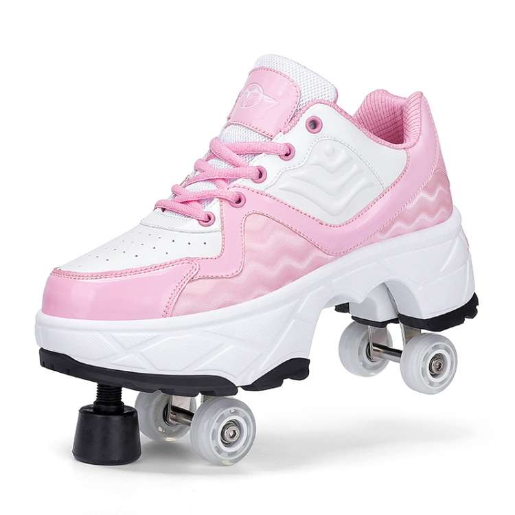 DF08 Dual-Purpose Walking Shoes Four-Wheel Shrinkable Brake Roller Skates, Size:40(White Black)