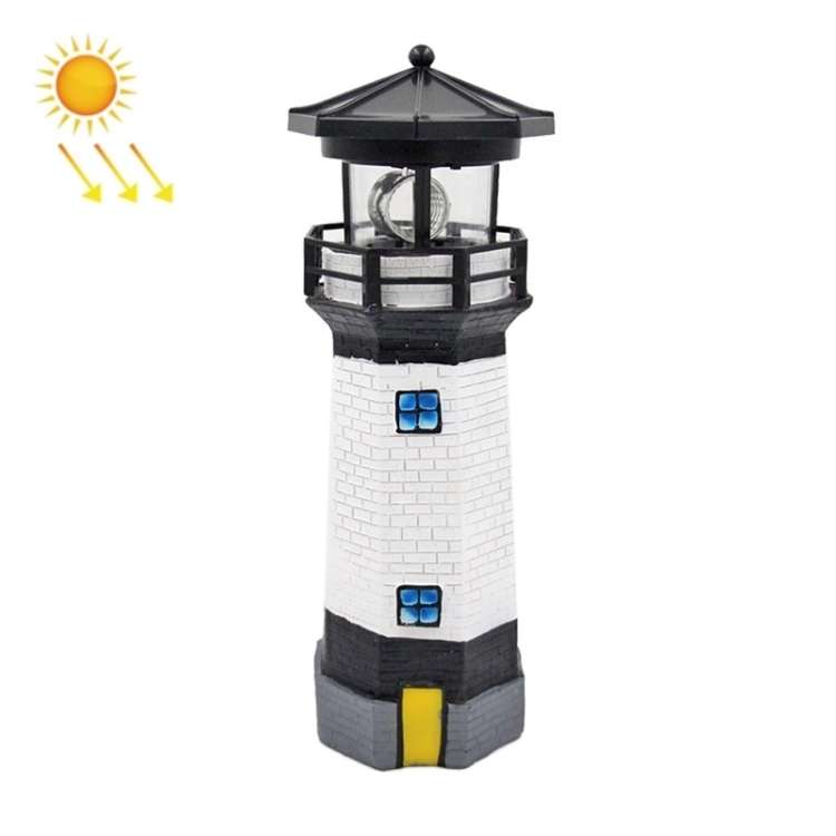 Outdoor Garden Decoration Solar Lighthouse Resin LED Revolving Light(Black White)