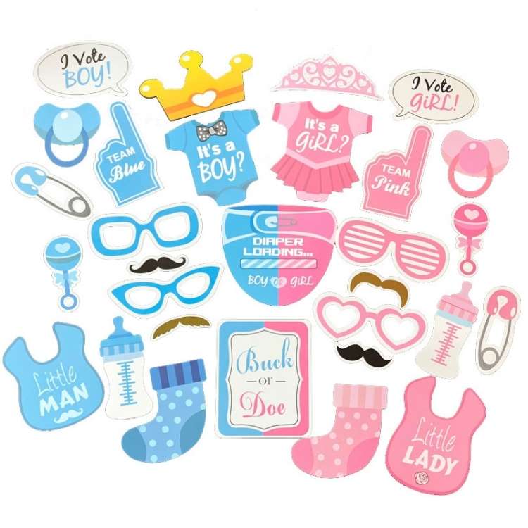 3 Sets Baby Birthday Party Gender Reveal Stickers Photo Props(30PCS/Set Boy Girl Suit)