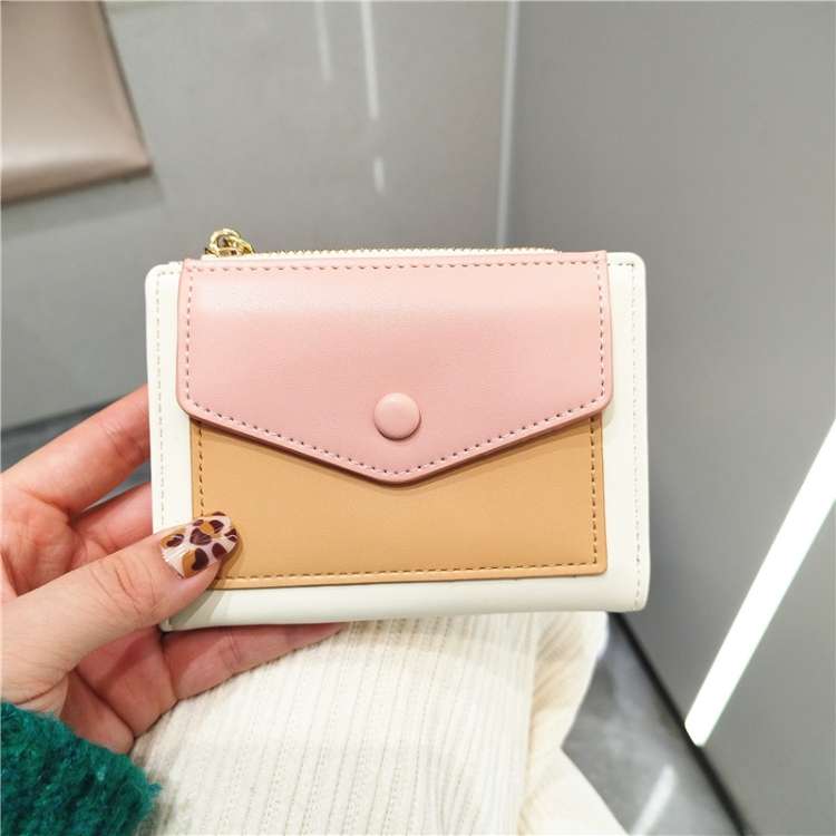 PU Leather Short Color Matching Folding Wallet Mini Portable Wallet(Deep Pink)