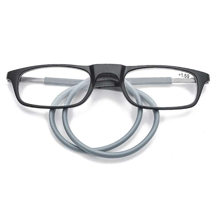 Portable Magnetic Hanging Neck Retractable Reading Glasses +100(Black Frame Gray Legs)