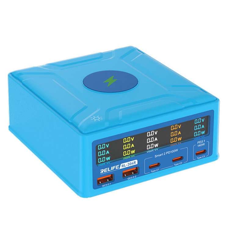 RELIFE RL-304R 5-Port 260W GaN Smart USB Fast Charger With 15W Wireless Chargind LCD Display(US Plu