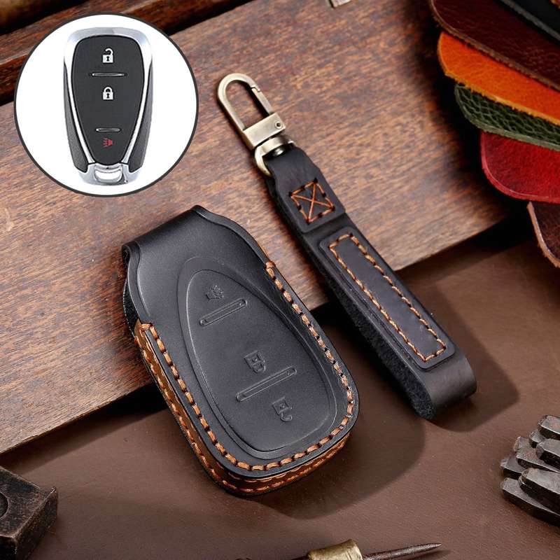 For Chevrolet 3-button Hallmo Car Cowhide Leather Key Protective Cover Key Case(Black)
