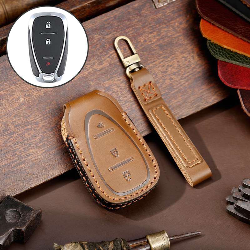 For Chevrolet 3-button Hallmo Car Cowhide Leather Key Protective Cover Key Case(Black)