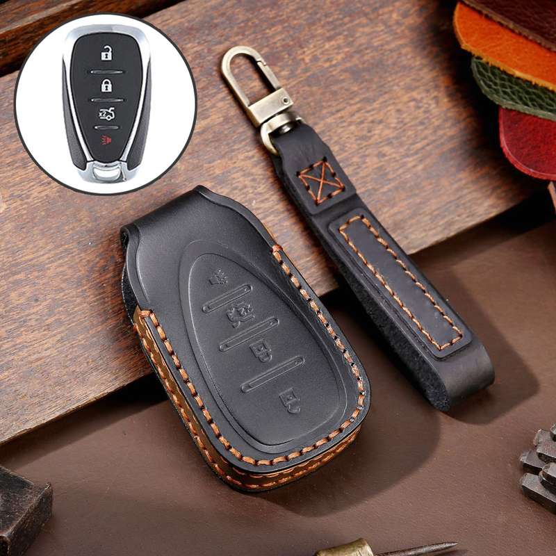 For Chevrolet 4-button Hallmo Car Cowhide Leather Key Protective Cover Key Case(Black)