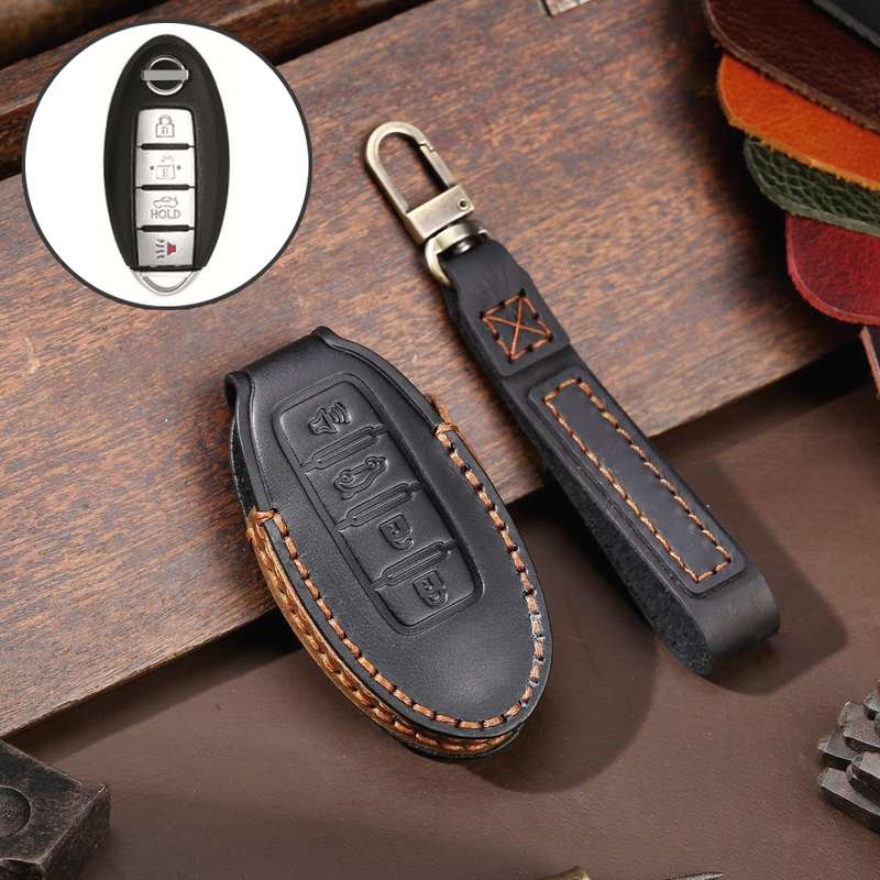 For Nissan 4-button Horn Hallmo Car Cowhide Leather Key Protective Cover Key Case(Black)