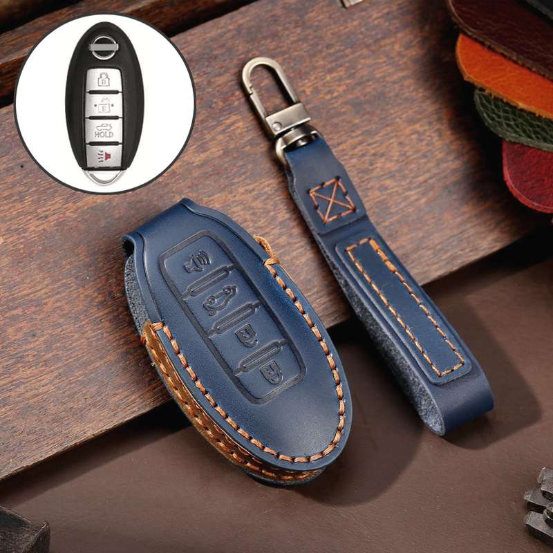 For Nissan 4-button Horn Hallmo Car Cowhide Leather Key Protective Cover Key Case(Black)