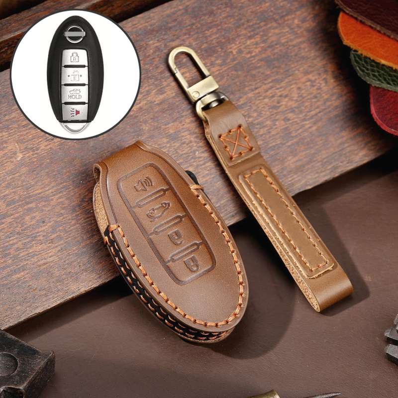 For Nissan 4-button Horn Hallmo Car Cowhide Leather Key Protective Cover Key Case(Black)