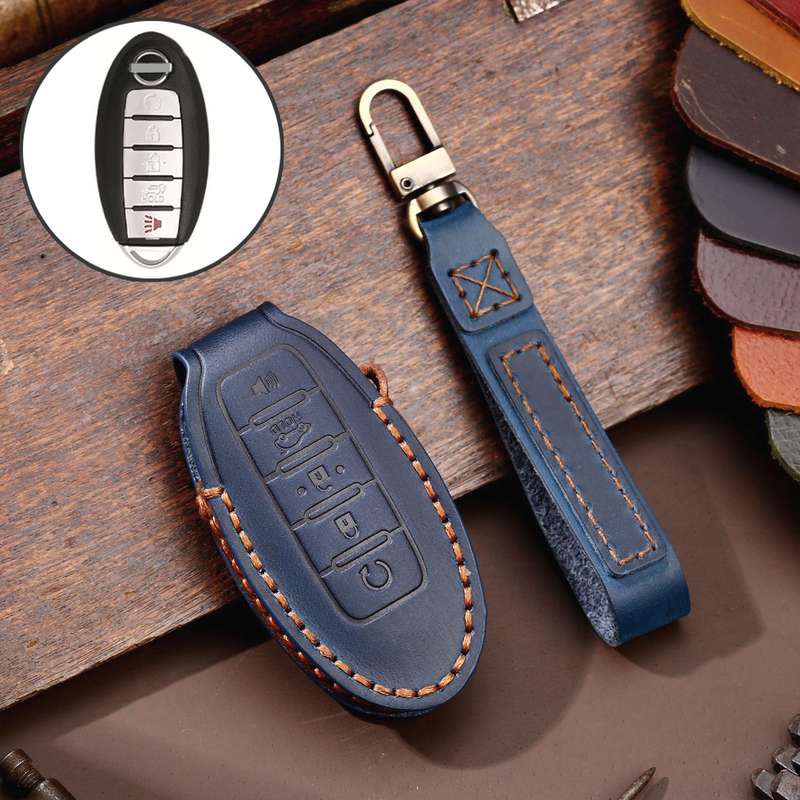 For Nissan 5-button Horn Hallmo Car Cowhide Leather Key Protective Cover Key Case(Black)
