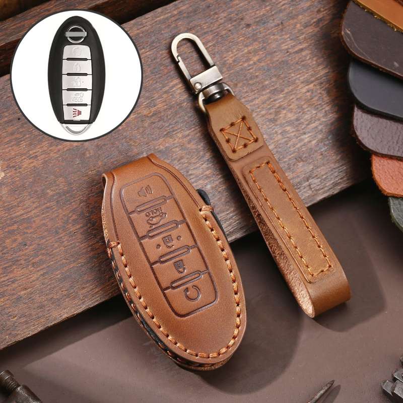 For Nissan 5-button Horn Hallmo Car Cowhide Leather Key Protective Cover Key Case(Black)