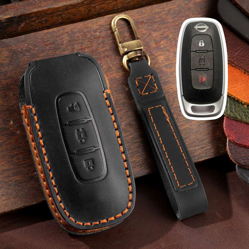 For Nissan Teana / Ariya 3-button Horn Hallmo Car Cowhide Leather Key Protective Cover Key Case(Blac