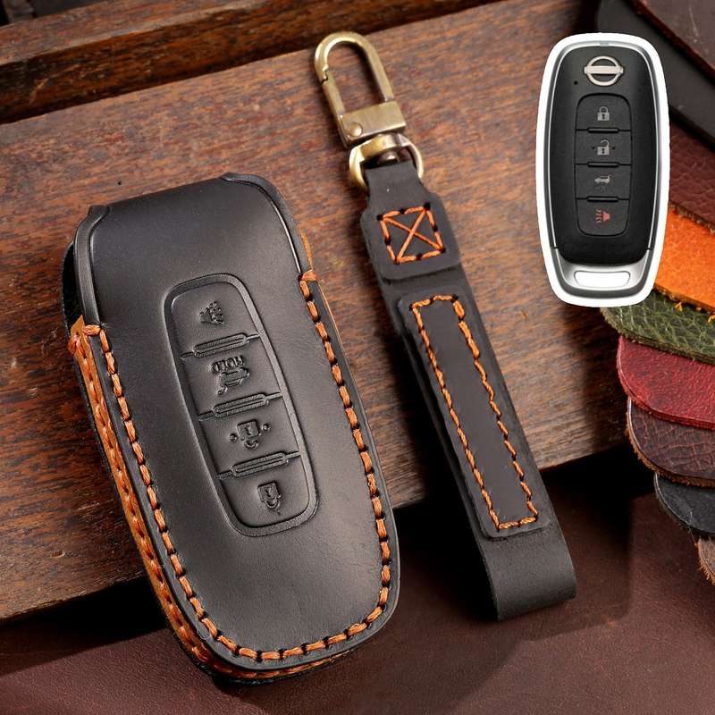 For Nissan Teana / Ariya 4-button Horn Hallmo Car Cowhide Leather Key Protective Cover Key Case(Blac