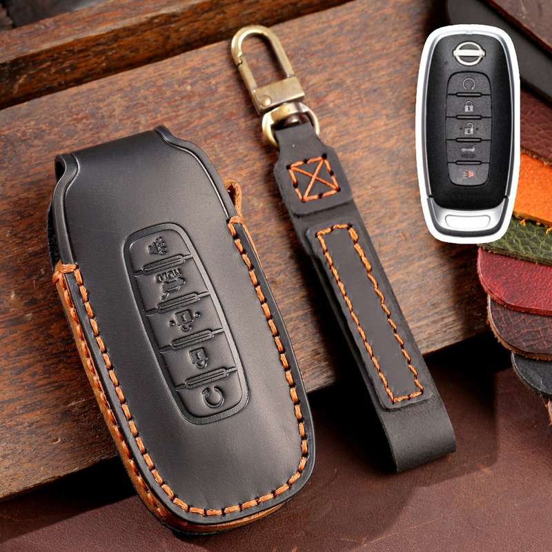 For Nissan Teana / Ariya 5-button Start Hallmo Car Cowhide Leather Key Protective Cover Key Case(Bla