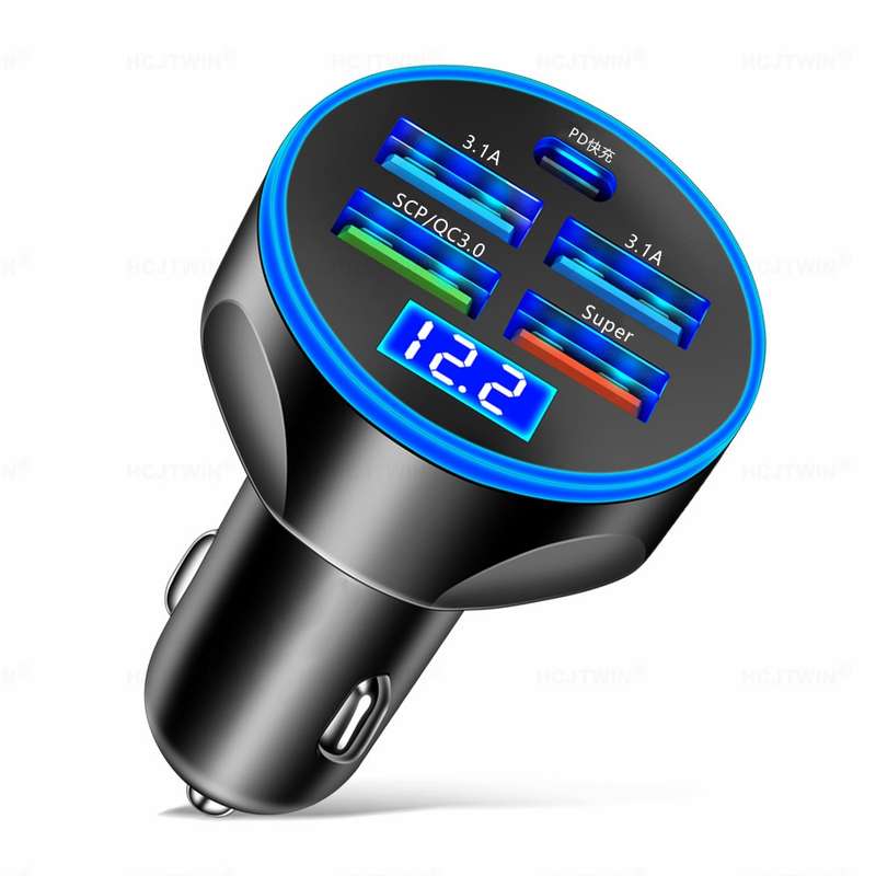 WGS-G37 5 in 1 Digital Display Super Fast Charging Car Charger with Voltmeter (White)