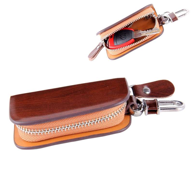 Universal Leather Wood Grain Texture Waist Hanging Zipper Wallets Key Holder Bag (No Include Key)(Bl