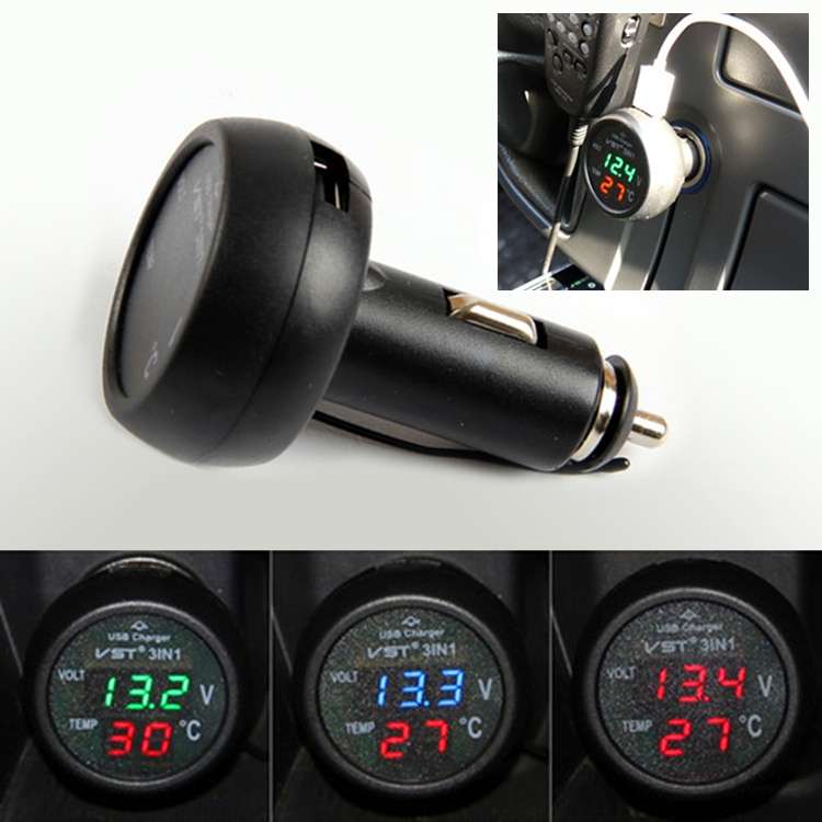 3 in 1 Universal Car Digital Voltage Meter Temperature Meter USB Charger, DC12-24V(Random Color Deli